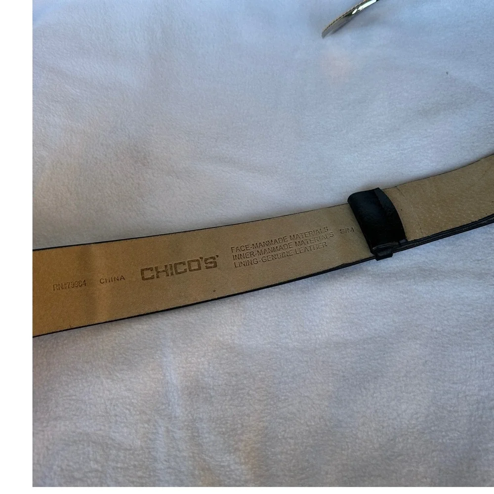 Chicos Black Leather Belt S/M Double Circle Rhinestone Beaded Buckle Glam Statem